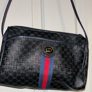 Gucci Blue Shoulder Bag with Red and Blue Stripe